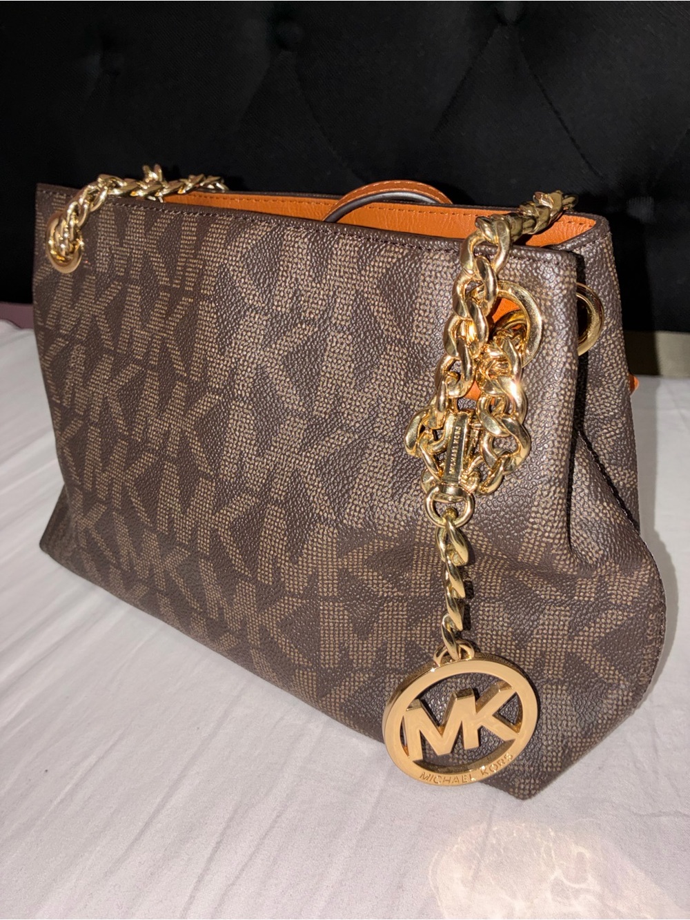 Michael Kors Brown MK Logo Satchel with Gold Chain Charm